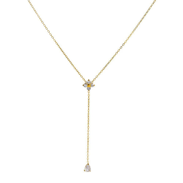 Wholesale Women's Sports Style Geometric Real Gold Plated Stainless Steel Flowershaped Water Drop Zircon Pendant Yshaped Necklace With Flash O Chain