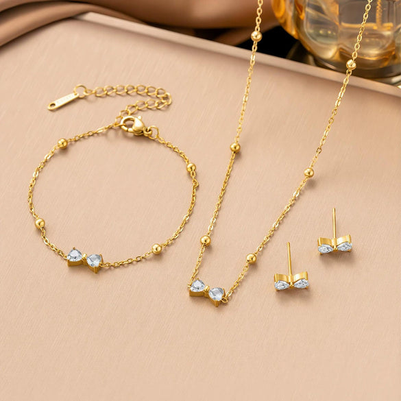 Wholesale Women's Sporty Geometric Zircon Bowknot Pendant Necklace With 18K Real Gold Plated Titanium Steel Ball Chain