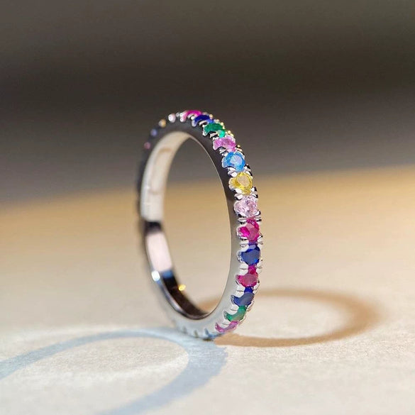 Wholesale Women's Square Ring 925 Sterling Silver Electroplated Geometric Style With Rainbow Colored Diamonds