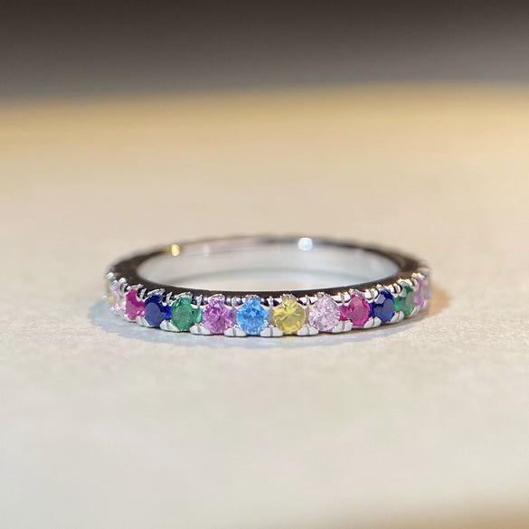 Wholesale Women's Square Ring 925 Sterling Silver Electroplated Geometric Style With Rainbow Colored Diamonds