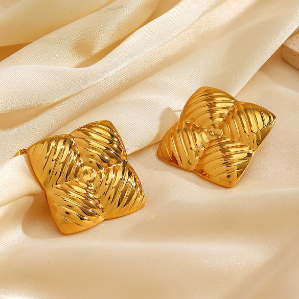 Wholesale Women's Square Titanium Steel Geometric Stripes Electroplated Retro Hiphop Earrings