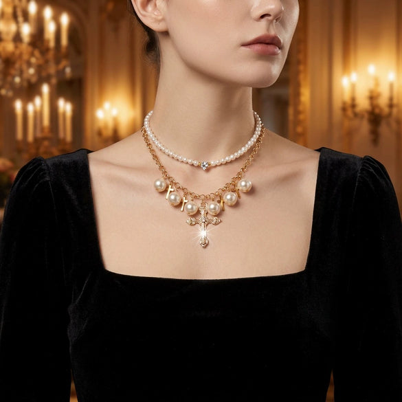 Wholesale Women's Stacking Style Geometric Pearl Alloy Electroplated Doublelayered Clavicle Necklace
