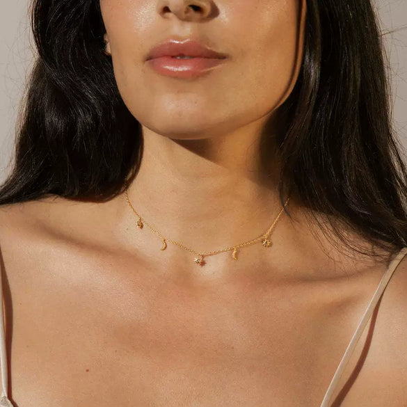 Wholesale Women's Stacking Style Sun Moon Zircon Stainless Steel Pendant Necklace With Dripping Oil And Electroplated 18K Gold Color Retention
