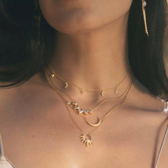Wholesale Women's Stacking Style Sun Moon Zircon Stainless Steel Pendant Necklace With Dripping Oil And Electroplated 18K Gold Color Retention