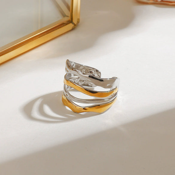 Wholesale Women's Stainless Steel Adjustable Opening Ring With Gold And Silver Color Matching Multi Layer Lines Geometric French Retro Style And Electroplating Process