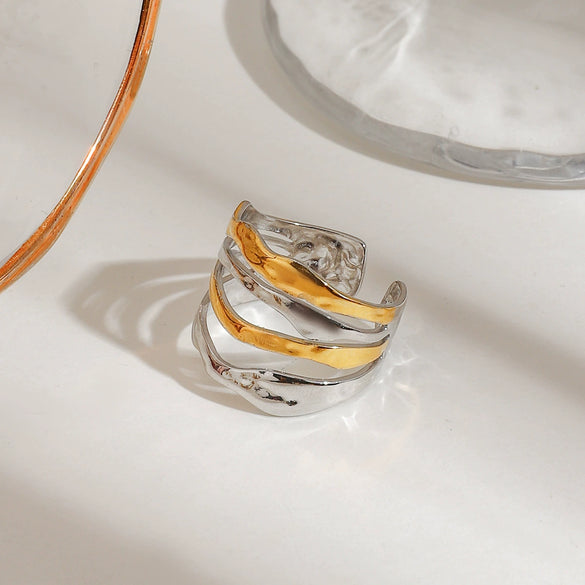 Wholesale Women's Stainless Steel Adjustable Opening Ring With Gold And Silver Color Matching Multi Layer Lines Geometric French Retro Style And Electroplating Process
