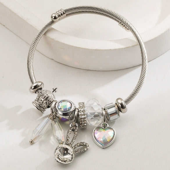 Wholesale Women's Stainless Steel Alloy Rabbit Love Diamond Pendant Beaded Bracelet