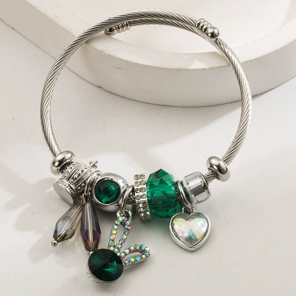 Wholesale Women's Stainless Steel Alloy Rabbit Love Diamond Pendant Beaded Bracelet