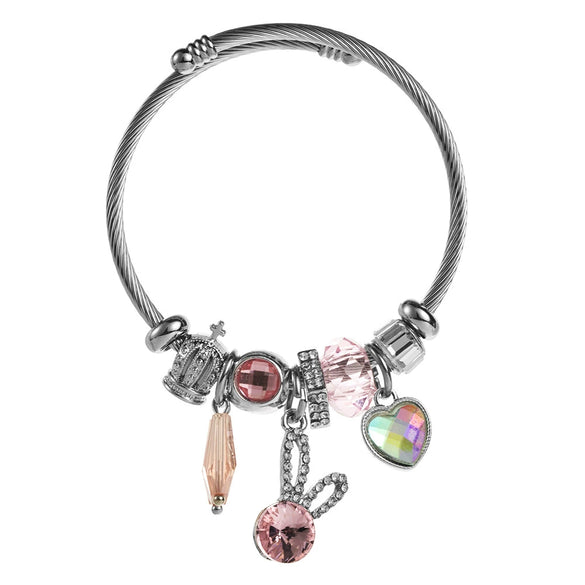 Wholesale Women's Stainless Steel Alloy Rabbit Love Diamond Pendant Beaded Bracelet