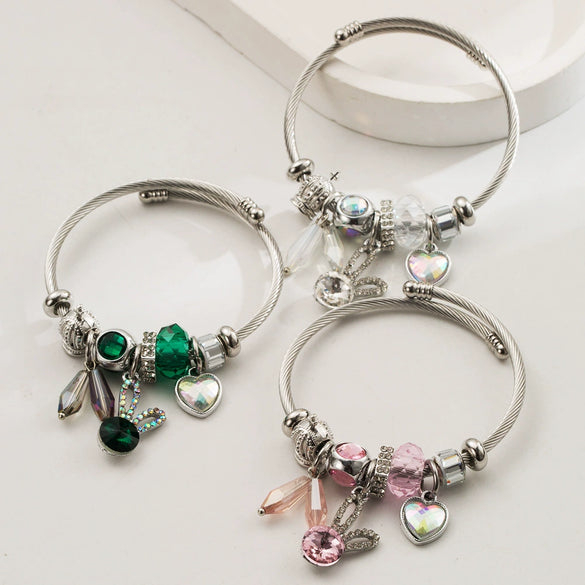 Wholesale Women's Stainless Steel Alloy Rabbit Love Diamond Pendant Beaded Bracelet