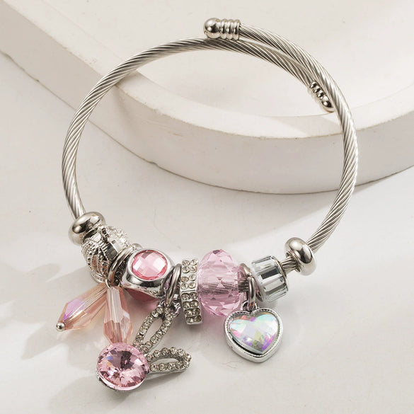 Wholesale Women's Stainless Steel Alloy Rabbit Love Diamond Pendant Beaded Bracelet