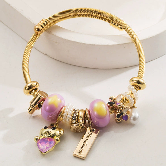 Wholesale Women's Stainless Steel And Alloy Cat And Flower Pattern Diamond Bracelet