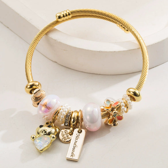 Wholesale Women's Stainless Steel And Alloy Cat And Flower Pattern Diamond Bracelet