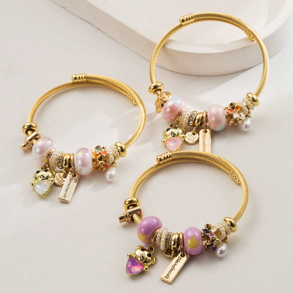 Wholesale Women's Stainless Steel And Alloy Cat And Flower Pattern Diamond Bracelet