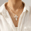 Wholesale Women's Stainless Steel And Artificial Pearl Geometric Cross Necklace Handmade Beaded Chain Inlaid With Pearls