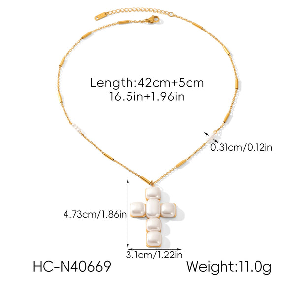 Wholesale Women's Stainless Steel And Artificial Pearl Geometric Cross Necklace Handmade Beaded Chain Inlaid With Pearls