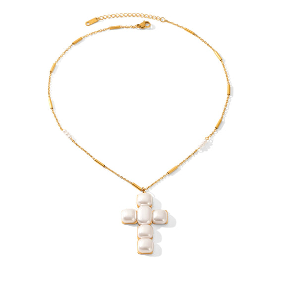Wholesale Women's Stainless Steel And Artificial Pearl Geometric Cross Necklace Handmade Beaded Chain Inlaid With Pearls