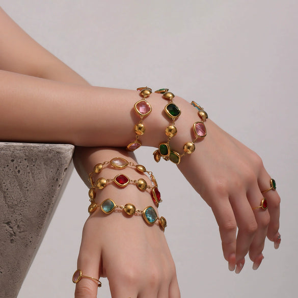 Wholesale Women's Stainless Steel And Czech Glass Stone Geometric Pattern Electroplated Ferris Wheel Cube Faceted Hollow Round Stitching Bracelet Hand Jewelry