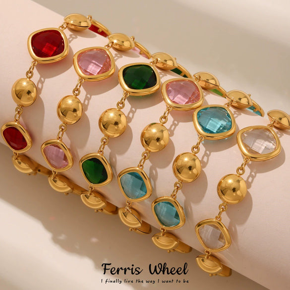 Wholesale Women's Stainless Steel And Czech Glass Stone Geometric Pattern Electroplated Ferris Wheel Cube Faceted Hollow Round Stitching Bracelet Hand Jewelry