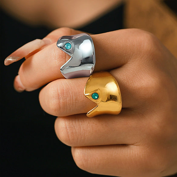 Wholesale Women's Stainless Steel And Glass Geometric Arc Concave Ring With Electroplating Lake Blue Niche Fashion