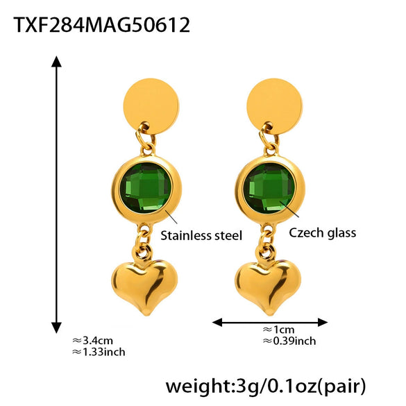 Wholesale Women's 316L Stainless Steel And Glass Geometric Heart Tassel Earrings With Electroplating