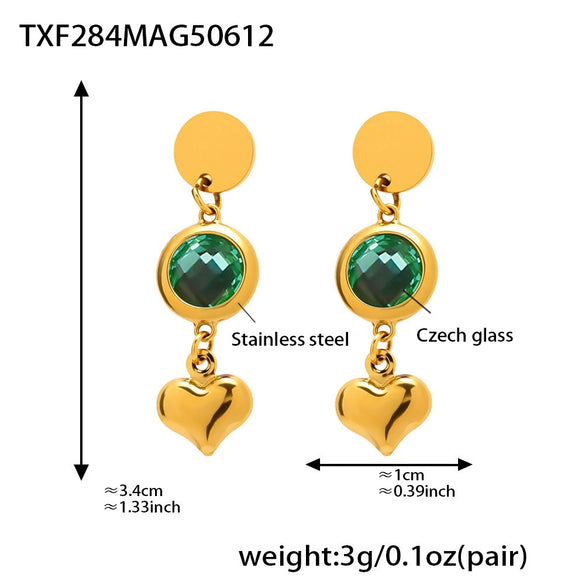 Wholesale Women's 316L Stainless Steel And Glass Geometric Heart Tassel Earrings With Electroplating