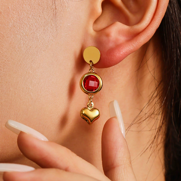 Wholesale Women's 316L Stainless Steel And Glass Geometric Heart Tassel Earrings With Electroplating