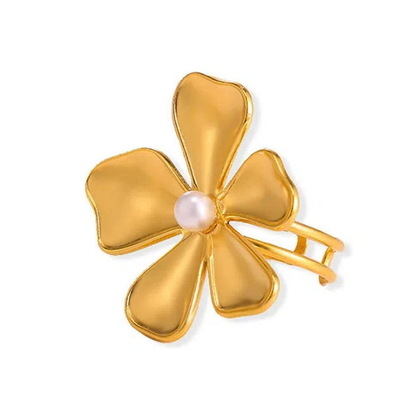 Wholesale Women's Stainless Steel And Imitation Pearl Flower Ring Electroplated In Ins Style