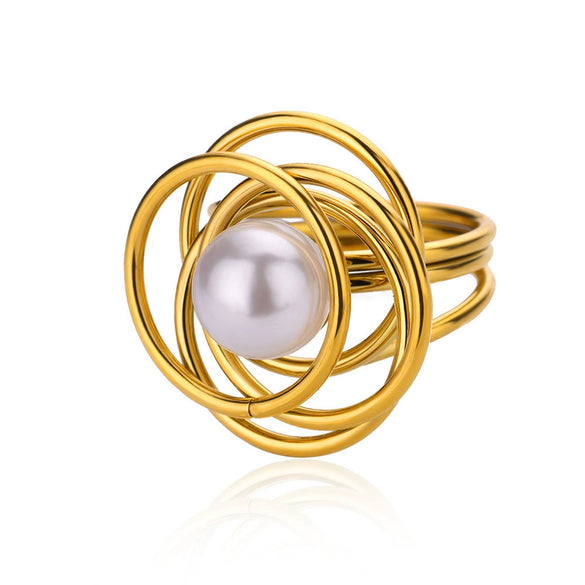 Wholesale Women's Stainless Steel And Imitation Pearl Ring French Retro Geometric Electroplated Light Luxury Elegant Allmatch Jewelry