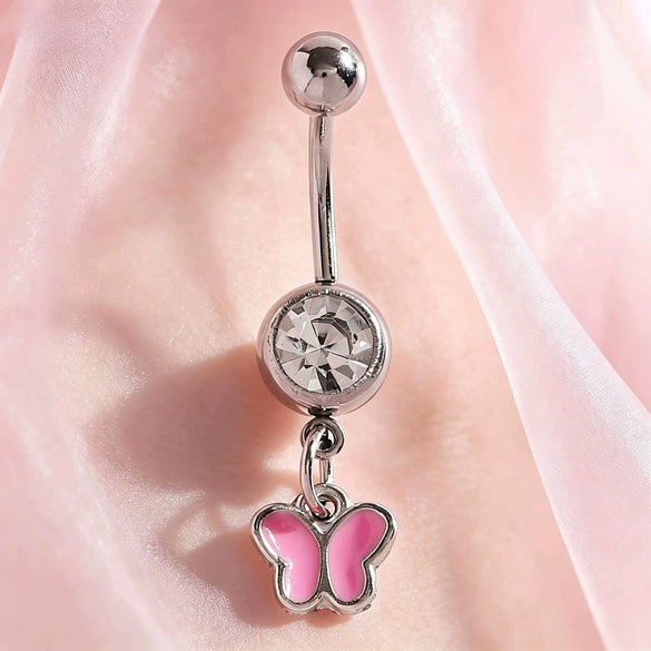Wholesale Women's Stainless Steel And K9 Geometric Shape Belly Button Ring With Butterfly Heart And Flower Pendants Fine Polished Navel Piercing Jewelry