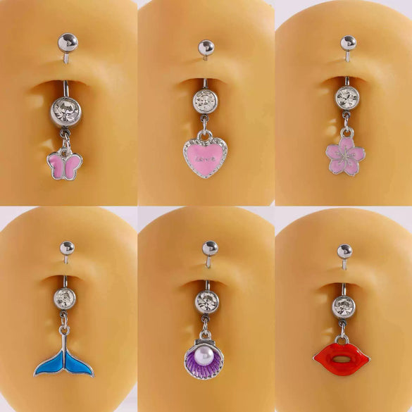 Wholesale Women's Stainless Steel And K9 Geometric Shape Belly Button Ring With Butterfly Heart And Flower Pendants Fine Polished Navel Piercing Jewelry