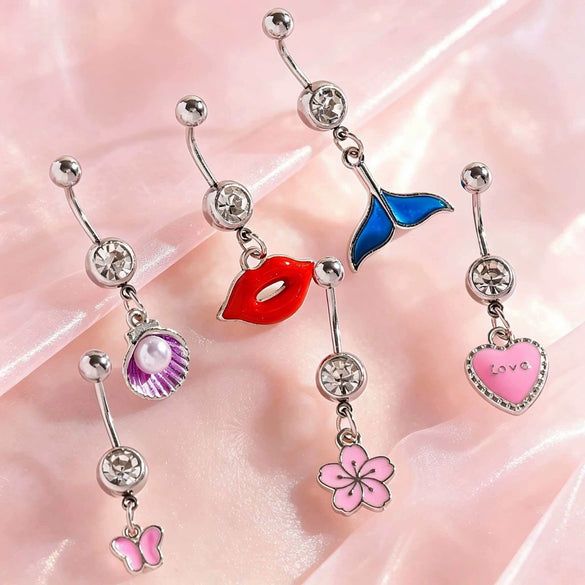 Wholesale Women's Stainless Steel And K9 Geometric Shape Belly Button Ring With Butterfly Heart And Flower Pendants Fine Polished Navel Piercing Jewelry