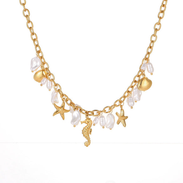 Wholesale Women's Stainless Steel And 18K Gold Electroplated Marine Life Jewelry Set With Sea Shell And Starfish