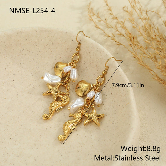 Wholesale Women's Stainless Steel And 18K Gold Electroplated Marine Life Jewelry Set With Sea Shell And Starfish