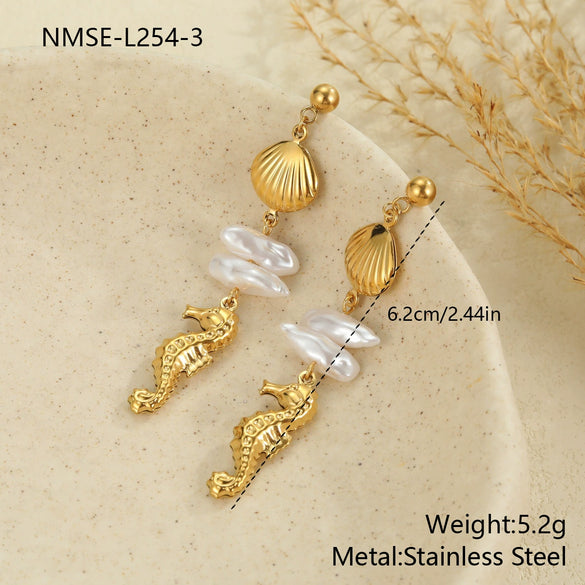 Wholesale Women's Stainless Steel And 18K Gold Electroplated Marine Life Jewelry Set With Sea Shell And Starfish