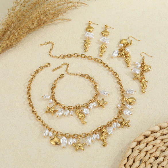 Wholesale Women's Stainless Steel And 18K Gold Electroplated Marine Life Jewelry Set With Sea Shell And Starfish