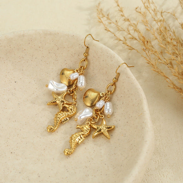 Wholesale Women's Stainless Steel And 18K Gold Electroplated Marine Life Jewelry Set With Sea Shell And Starfish