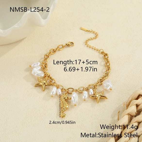 Wholesale Women's Stainless Steel And 18K Gold Electroplated Marine Life Jewelry Set With Sea Shell And Starfish