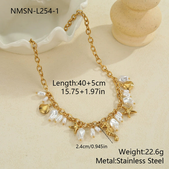 Wholesale Women's Stainless Steel And 18K Gold Electroplated Marine Life Jewelry Set With Sea Shell And Starfish
