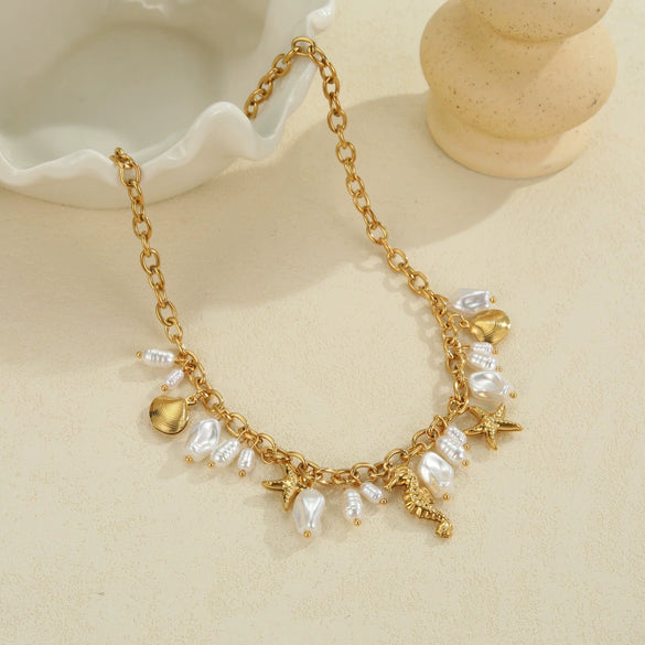 Wholesale Women's Stainless Steel And 18K Gold Electroplated Marine Life Jewelry Set With Sea Shell And Starfish
