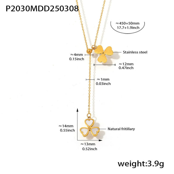 Wholesale Women's Stainless Steel And Natural Fritillary Ferris Wheel Heartshaped Geometric Tassel Necklace Goldplated Adjustable Clavicle Chain