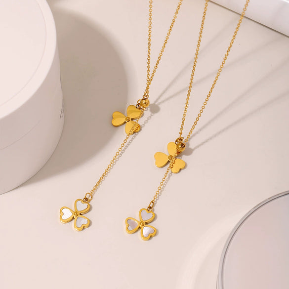 Wholesale Women's Stainless Steel And Natural Fritillary Ferris Wheel Heartshaped Geometric Tassel Necklace Goldplated Adjustable Clavicle Chain