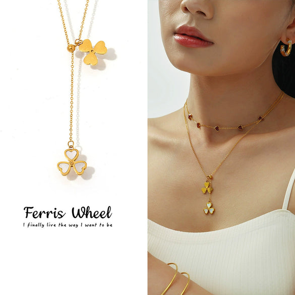 Wholesale Women's Stainless Steel And Natural Fritillary Ferris Wheel Heartshaped Geometric Tassel Necklace Goldplated Adjustable Clavicle Chain
