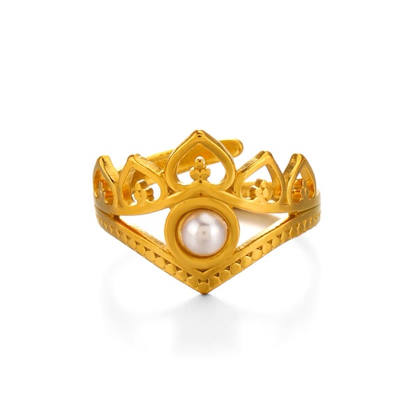 Wholesale Women's Stainless Steel And Pearl Crown Ring With Electroplating