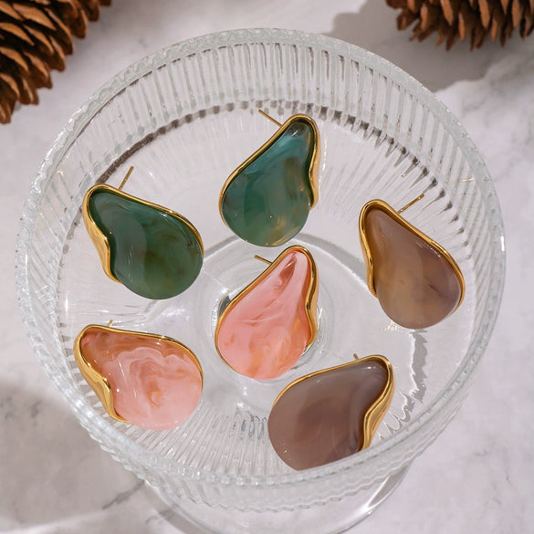 Wholesale Women's Stainless Steel And Resin Geometric Smudged Irregular Chubby Earrings With Pvd Furnace Vacuum Real Gold Plating Sweet And Cool Style
