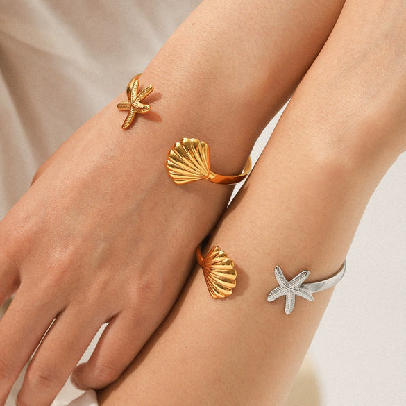 Wholesale Women's Stainless Steel And Shell Electroplated Starfish Ocean Element Open Bracelet Jewelry