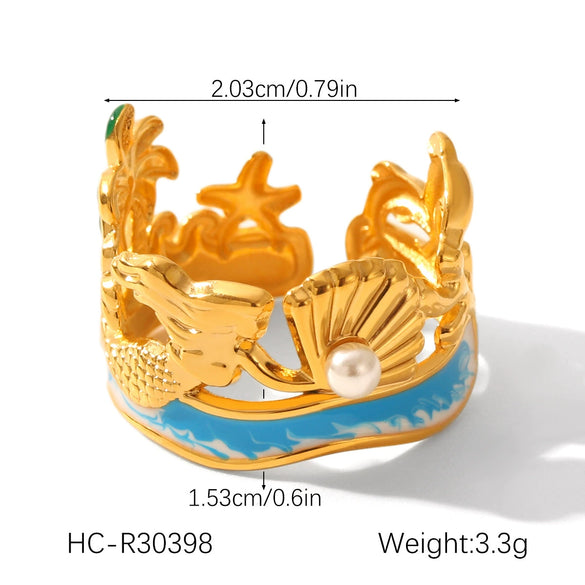 Wholesale Women's Stainless Steel And Shell Electroplated Starfish Ocean Element Open Bracelet Jewelry