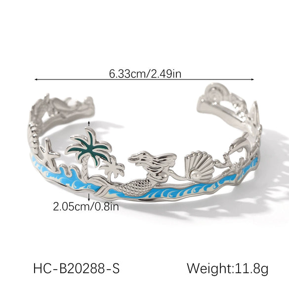 Wholesale Women's Stainless Steel And Shell Electroplated Starfish Ocean Element Open Bracelet Jewelry