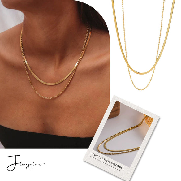 Wholesale Women's Stainless Steel And Titanium Steel Blade Chain Double Layer Necklace With Geometric Design And Electroplating