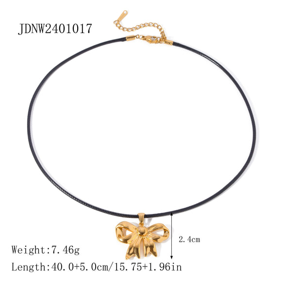 Wholesale Women's Stainless Steel And Titanium Steel Bow Pendant Necklace With Black Wax Rope And Electroplating Design